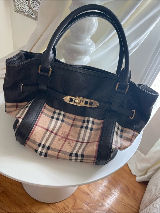 Burberry Handbags - Burberry Black Leather and Beige Check Satchel
